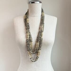 Y2K-inspired Crocheted Skinny Scarf with Beaded Embellishment – Beige & Silver